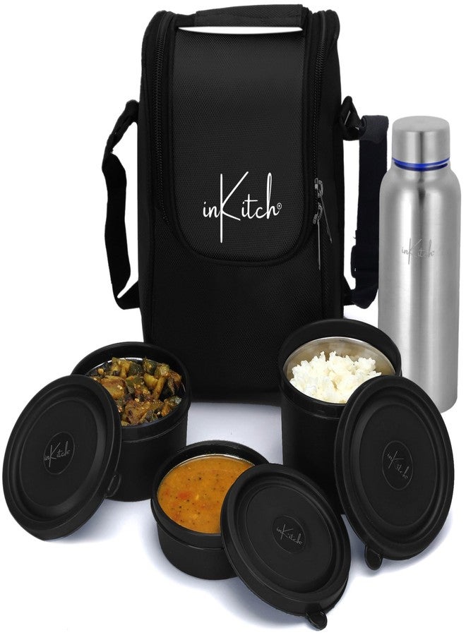 inKitch Microwave Safe Lunch Box Set with Bag | 3 Stainless Steel Inner Containers & 1 Steel Bottle | Leakproof Tiffin Box for Office, School, College | Durable, Easy to Carry, Black - Image 1